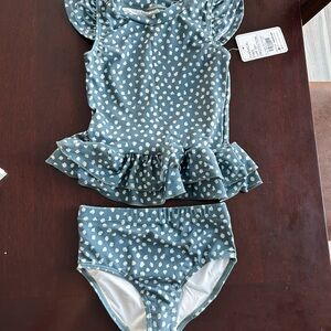 Current tyed Blue and White Polka Dot Swimsuit Set 4/5Y
